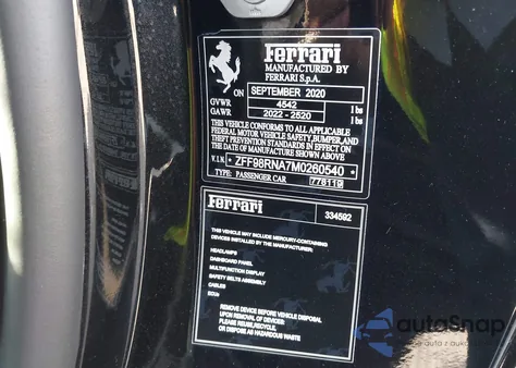 2021 Ferrari Roma z USA, uszkodzony, nr VIN ZFF98RNA7M0260540